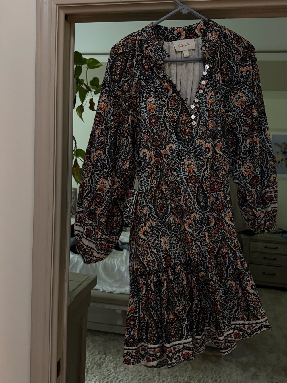 Cleobella Paisley Button-Front Long-Sleeve Dress in Black Multi